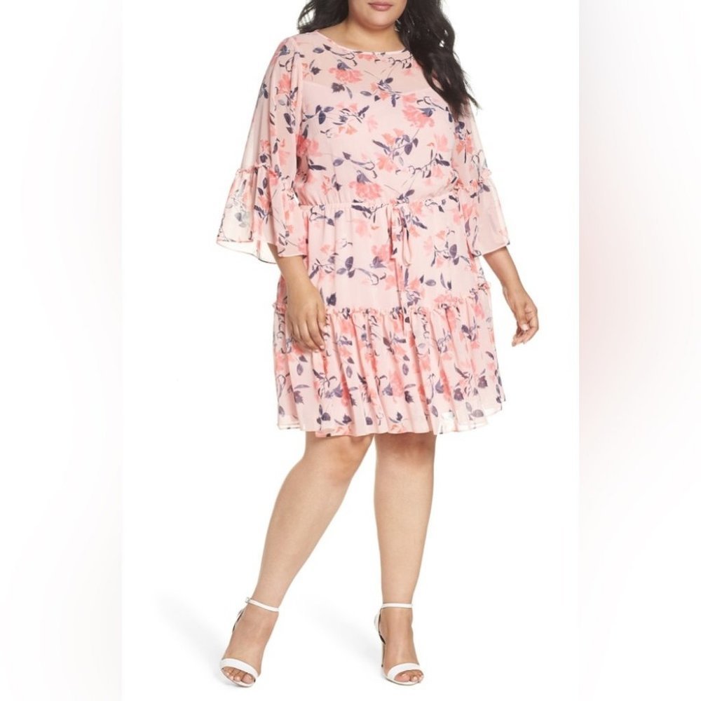 NWT Eliza J pink floral bell sleeve tiered ruffle dress 16W
